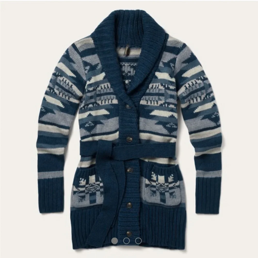 Stetson Indigo Aztec Belted Cardigan. Wool blend. Shawl collar. Tribal. Western - Picture 1 of 15